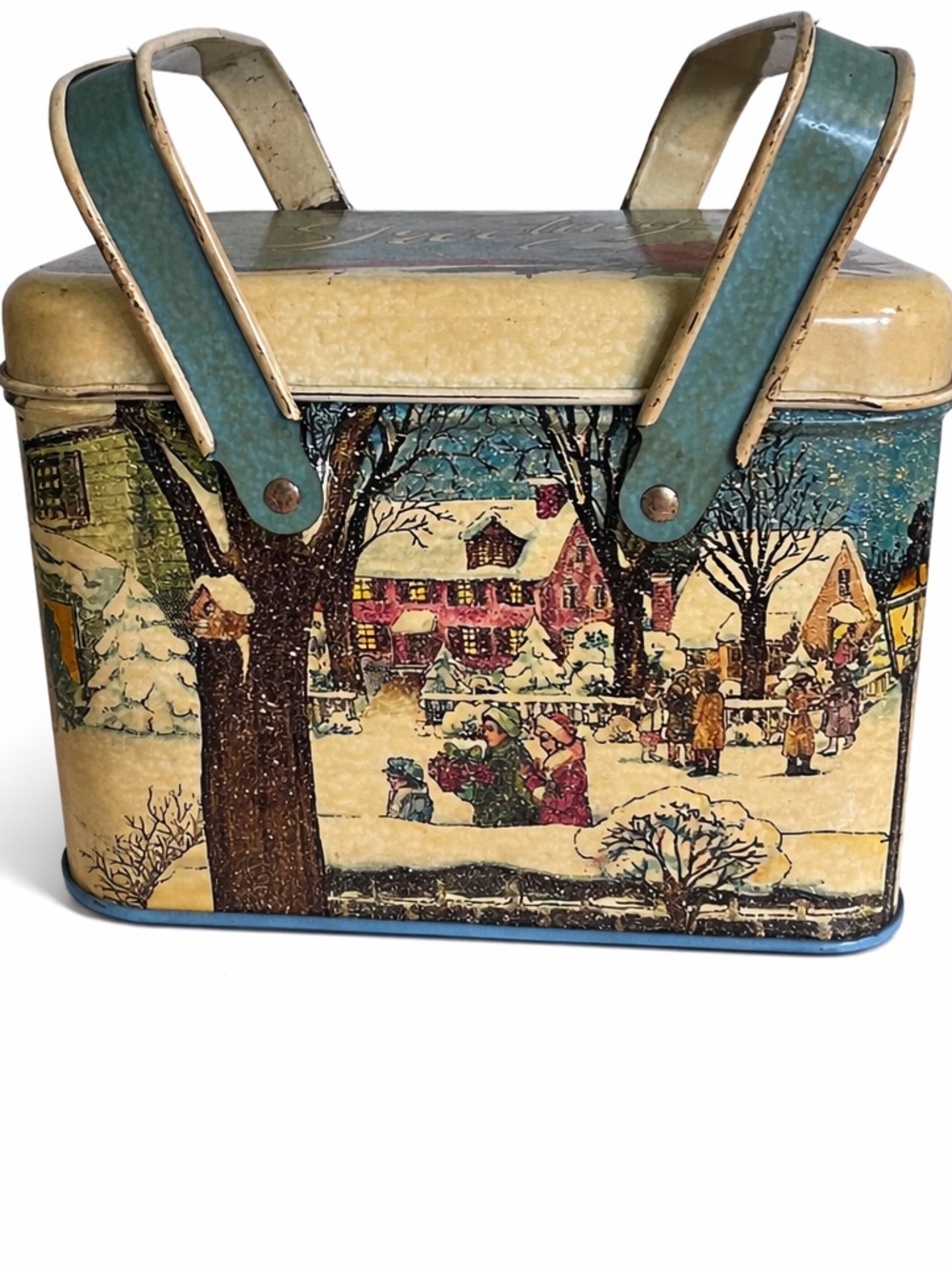 Vintage Christmas Tin Basket Village Scene Greetings 1983 Cheinco USA